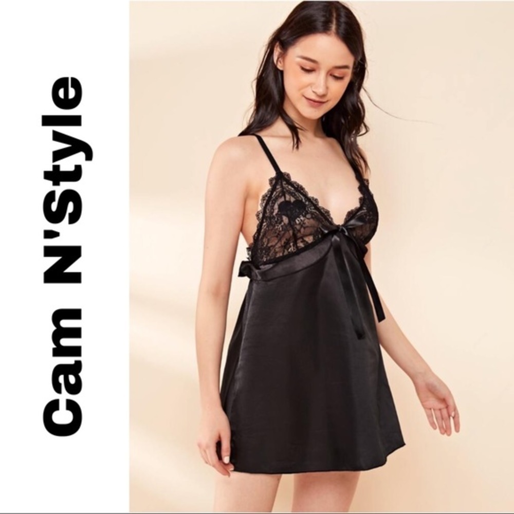 New Black Satin Silk-Like Lace Nightgown​ - Picture 3 of 4